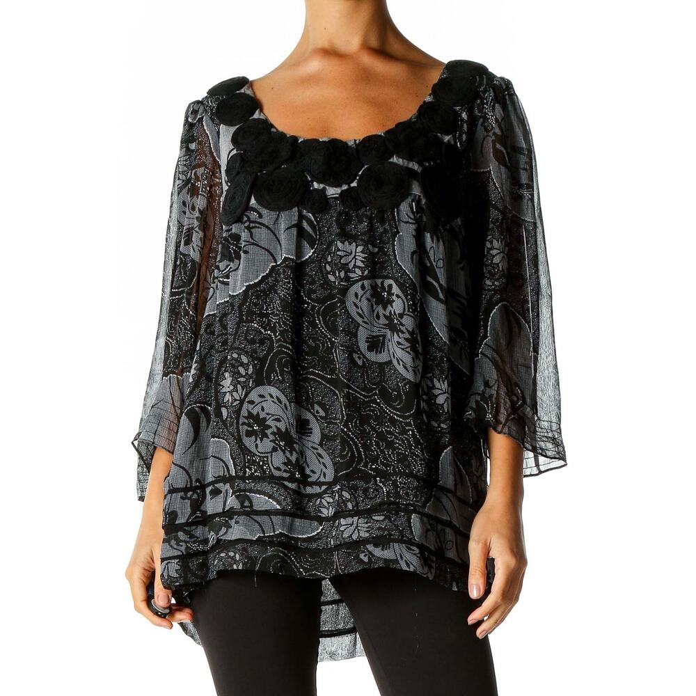 ICE Vintage Womens size XL Sheer 3/4 Sleeve Floral Blouse Black Rosettes Gray